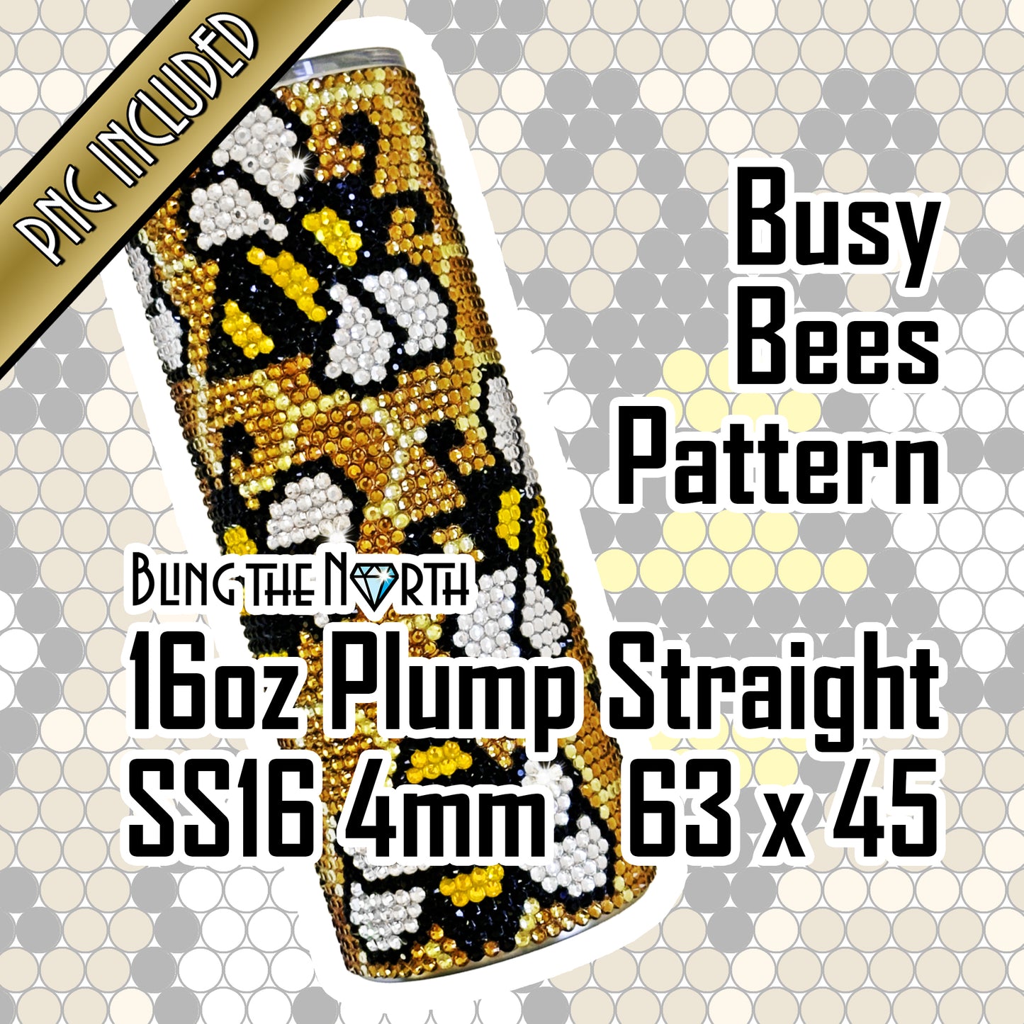 BUSY BEES Rhinestone Pattern Template | SS16 4mm - 16oz Plump Straight Tumbler Design | PNG for Sublimation or Vinyl