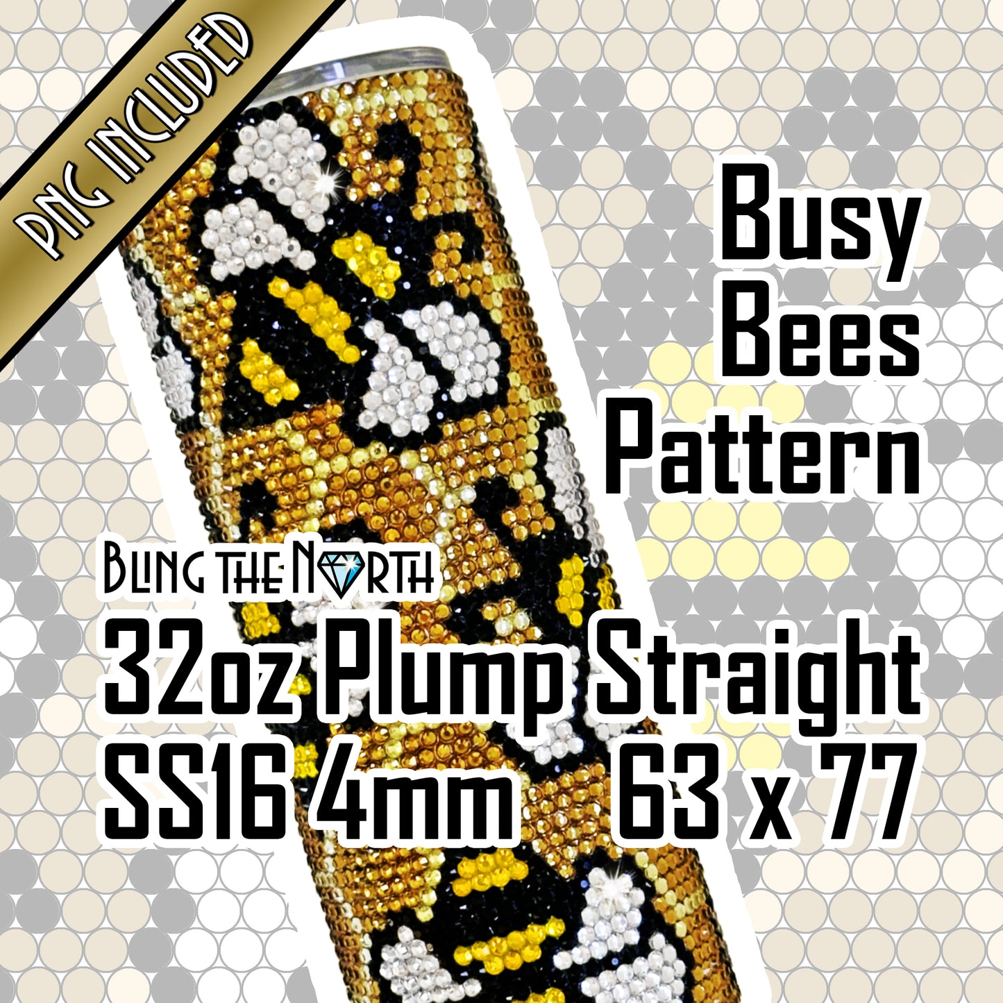 BUSY BEES Rhinestone Pattern Template | SS16 4mm - 32oz Plump Straight Tumbler Design | PNG for Sublimation or Vinyl