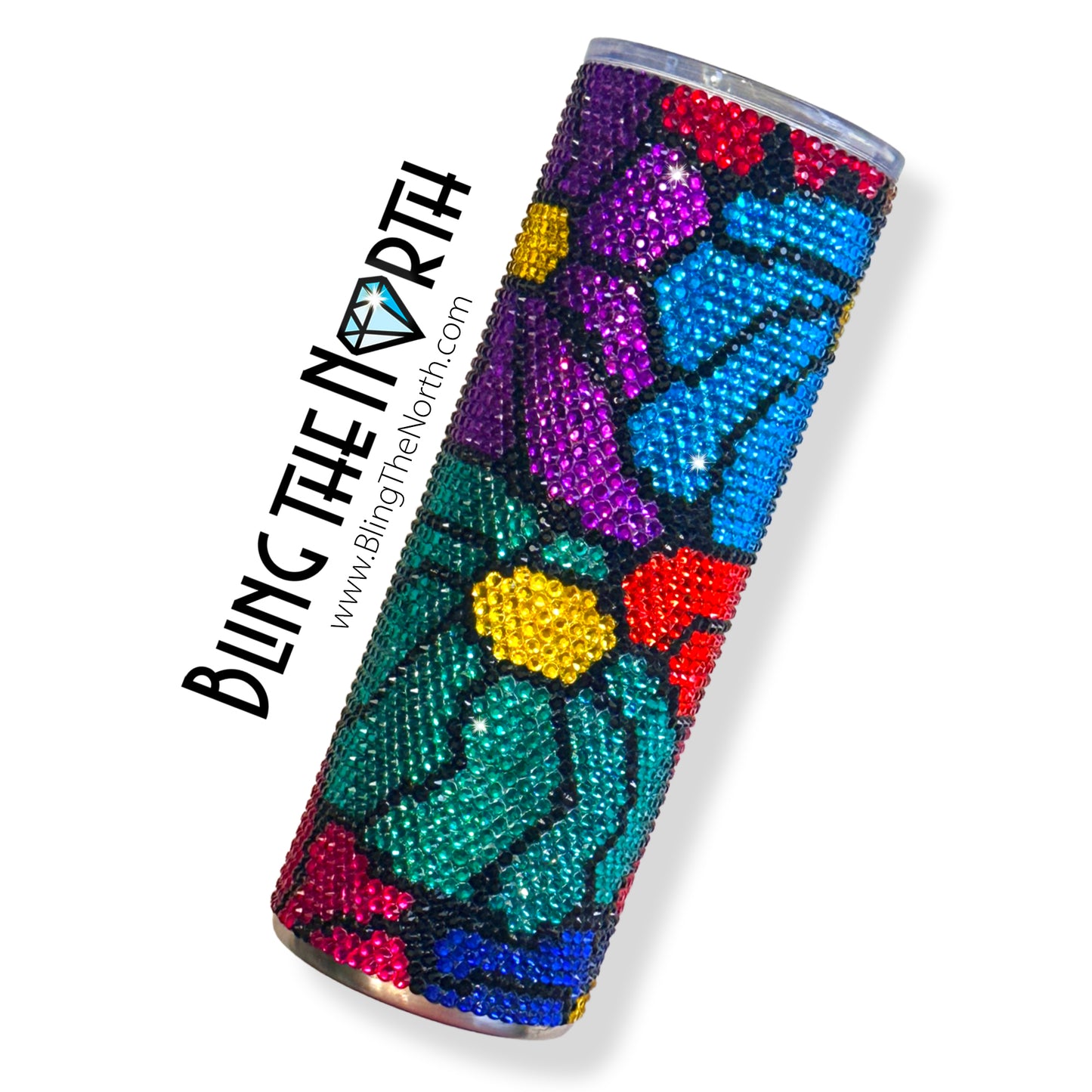 FUNKY FLOWERS Rhinestone Tumbler | 20oz Skinny Straight | Custom Bling Design | Glass Rhinestones | Straw Incl