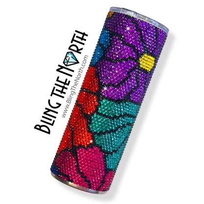 FUNKY FLOWERS Rhinestone Tumbler | 20oz Skinny Straight | Custom Bling Design | Glass Rhinestones | Straw Incl