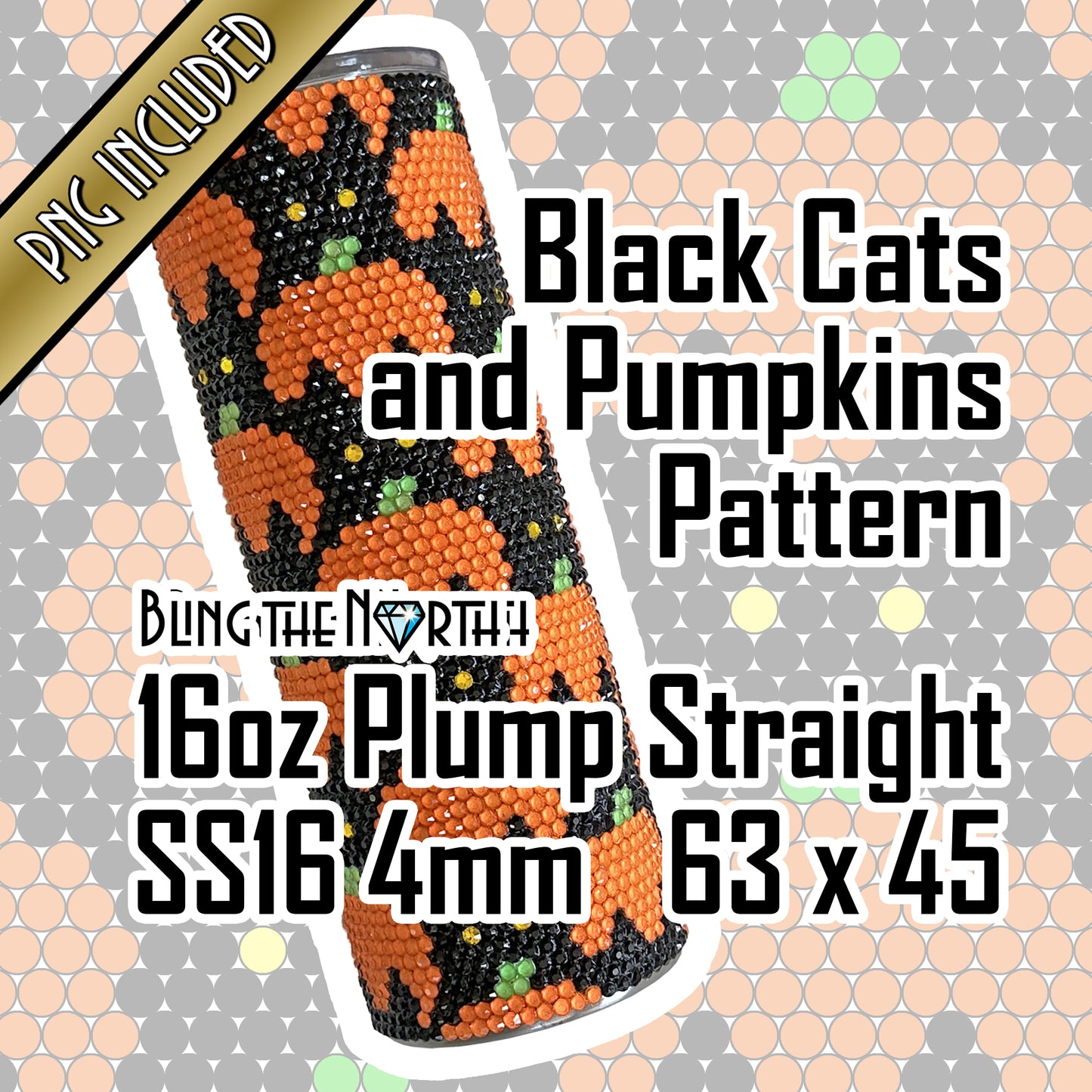 BLACK CATS and PUMPKINS Rhinestone Pattern Template | SS16 4mm - 16oz Plump Tumbler Design | Halloween | PNG for Sublimation or Vinyl