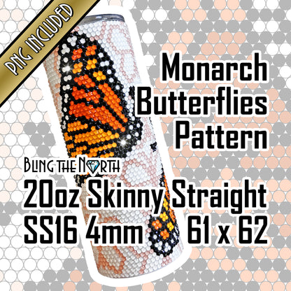 MONARCH BUTTERFLIES Rhinestone Pattern Template | SS16 4mm - 20oz Skinny Straight Tumbler Design | PNG for Sublimation or Vinyl