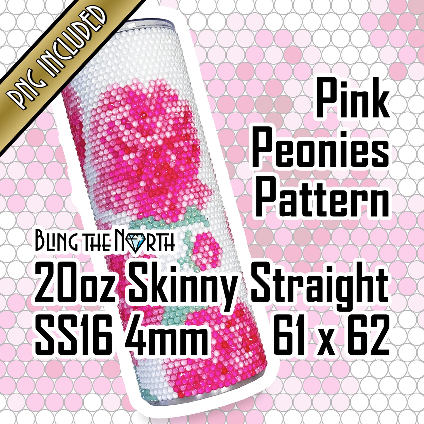 PINK PEONIES Rhinestone Pattern Template | SS16 4mm - 20oz Skinny Straight Tumbler Design | PNG for Sublimation or Vinyl