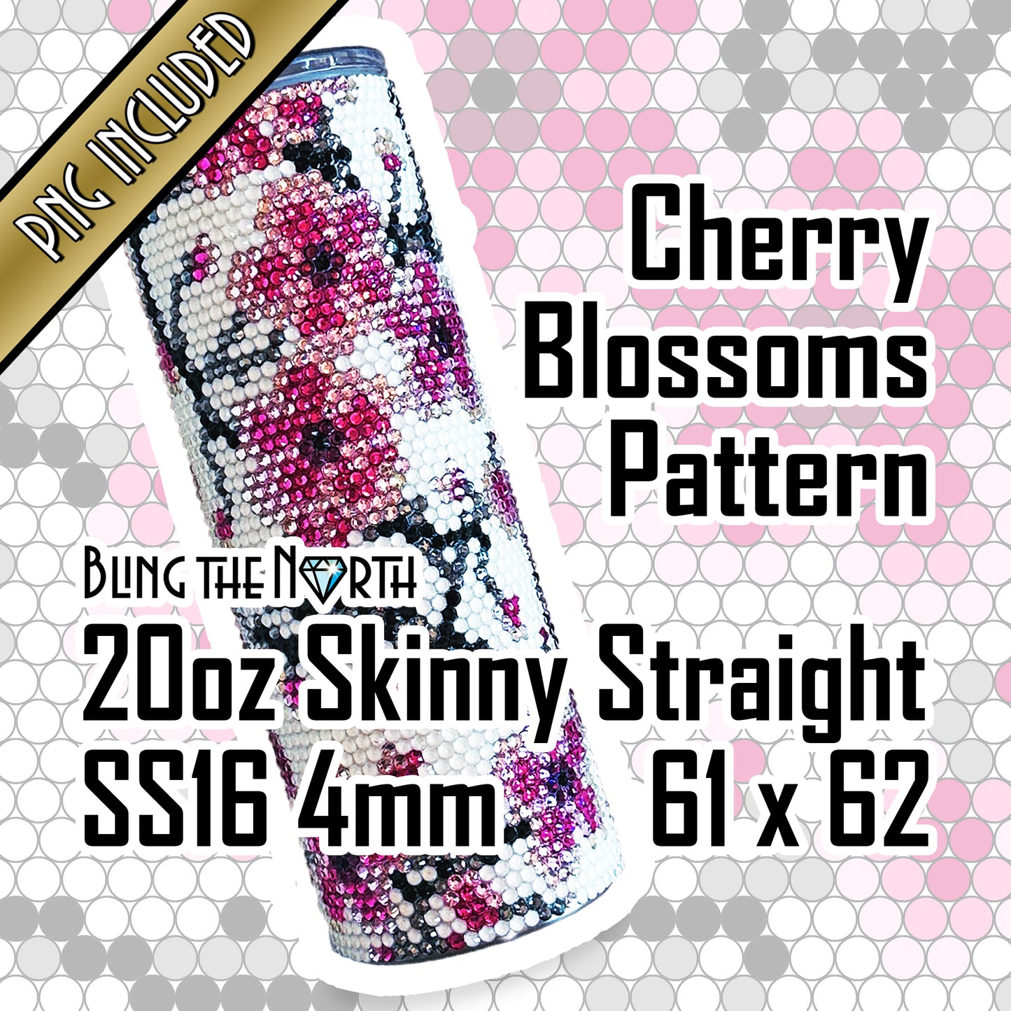 CHERRY BLOSSOMS Rhinestone Pattern Template | SS16 4mm - 20oz Skinny Straight Tumbler Design | PNG for Sublimation or Vinyl