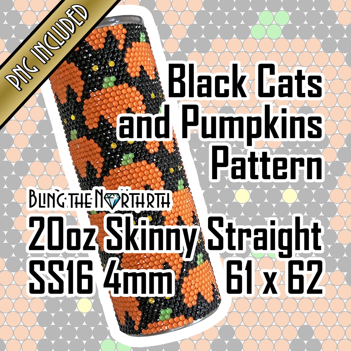 BLACK CATS and PUMPKINS Rhinestone Pattern Template | SS16 4mm - 20oz Skinny Straight Tumbler Design | PNG for Sublimation or Vinyl