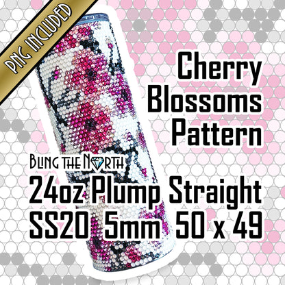 CHERRY BLOSSOMS Rhinestone Pattern Template | SS20 5mm - 24oz Plump Straight Tumbler Design | PNG for Sublimation or Vinyl