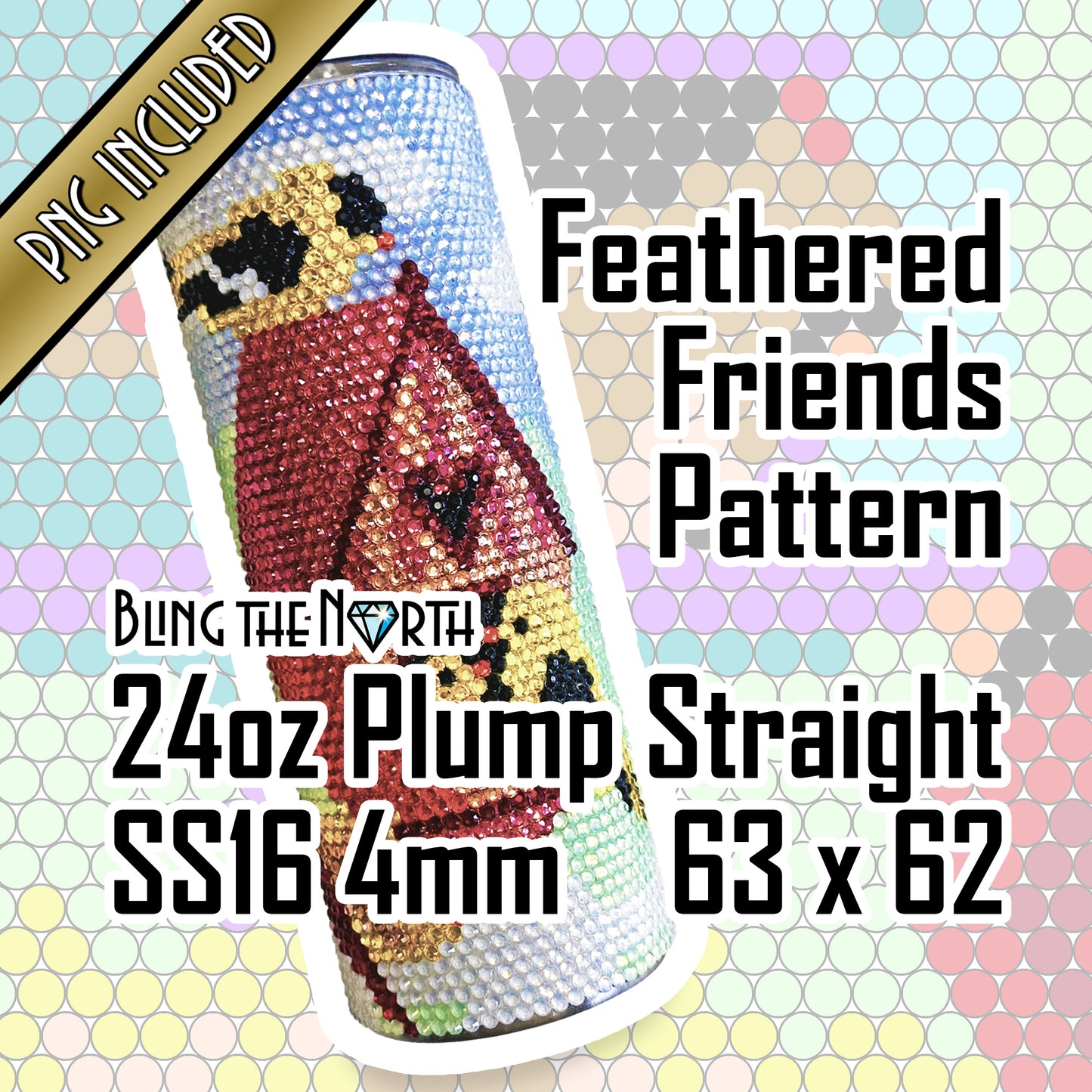 FEATHERED FRIENDS Rhinestone Pattern Template | SS16 4mm - 24oz Plump Straight Tumbler Design | PNG for Sublimation or Vinyl