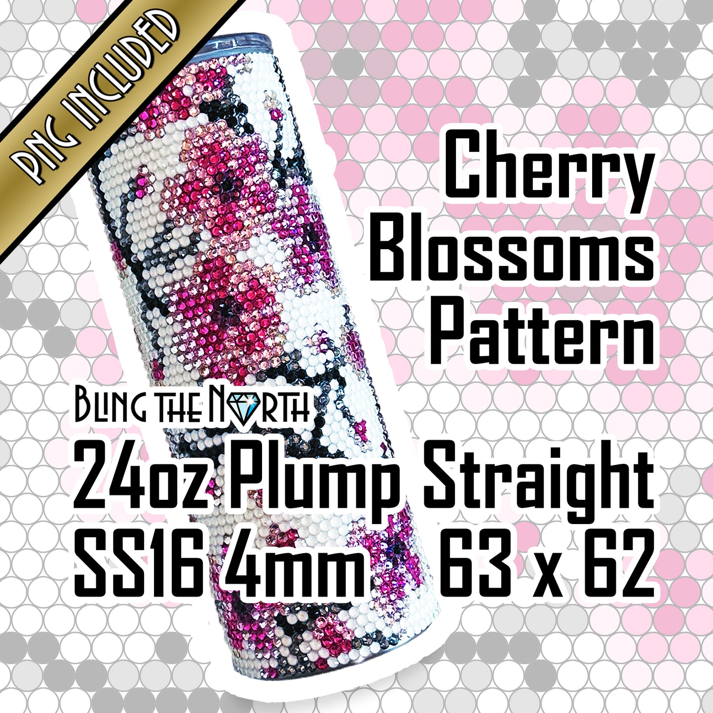 CHERRY BLOSSOMS Rhinestone Pattern Template | SS16 4mm - 24oz Plump Straight Tumbler Design | PNG for Sublimation or Vinyl