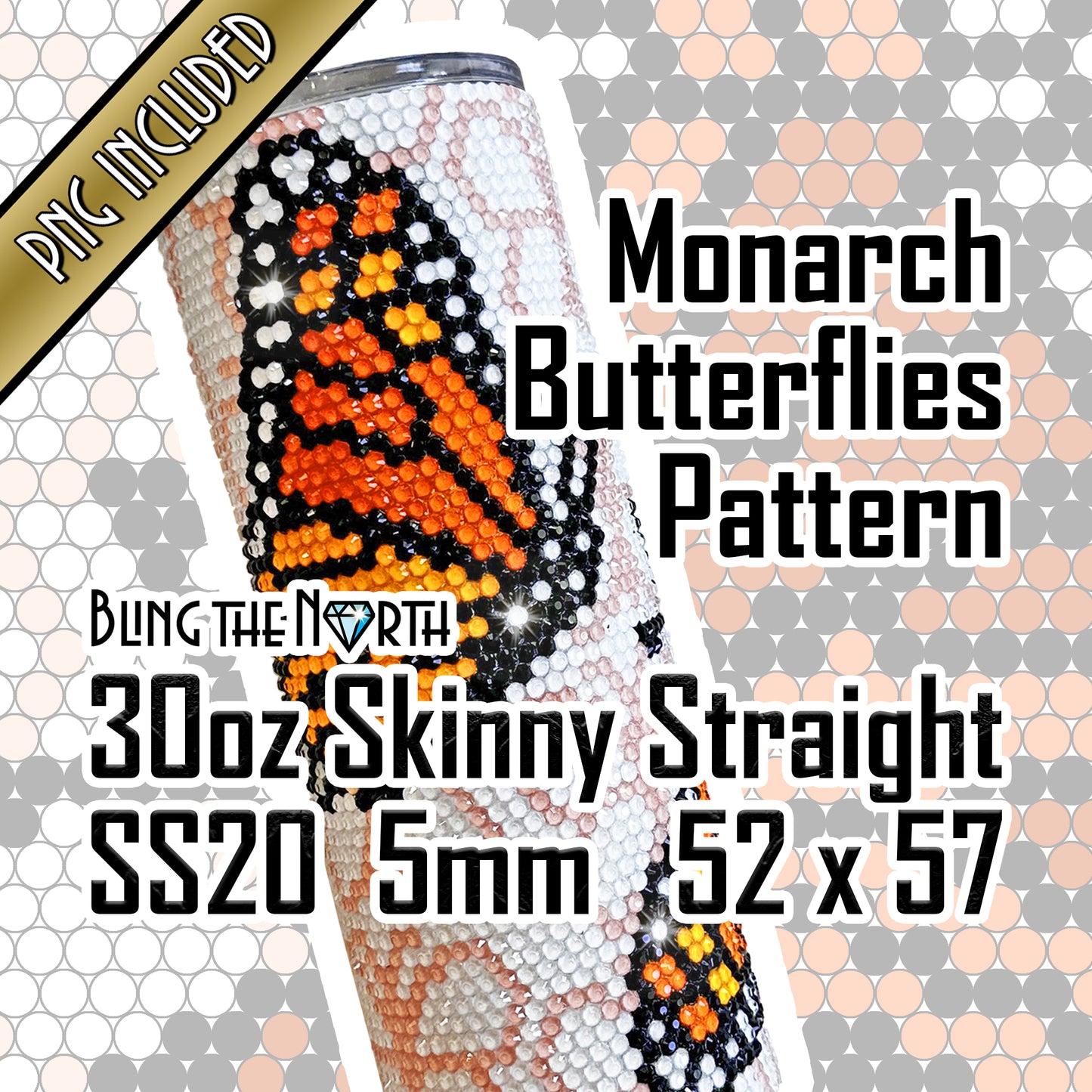 MONARCH BUTTERFLIES Rhinestone Pattern Template | SS20 5mm - 30oz Skinny Straight Tumbler Design | PNG for Sublimation or Vinyl