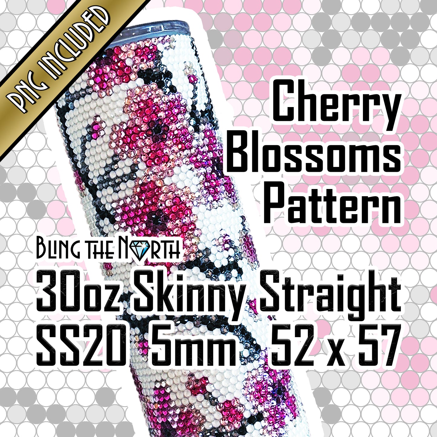 CHERRY BLOSSOMS Rhinestone Pattern Template | SS20 5mm - 30oz Skinny Straight Tumbler Design | PNG for Sublimation or Vinyl