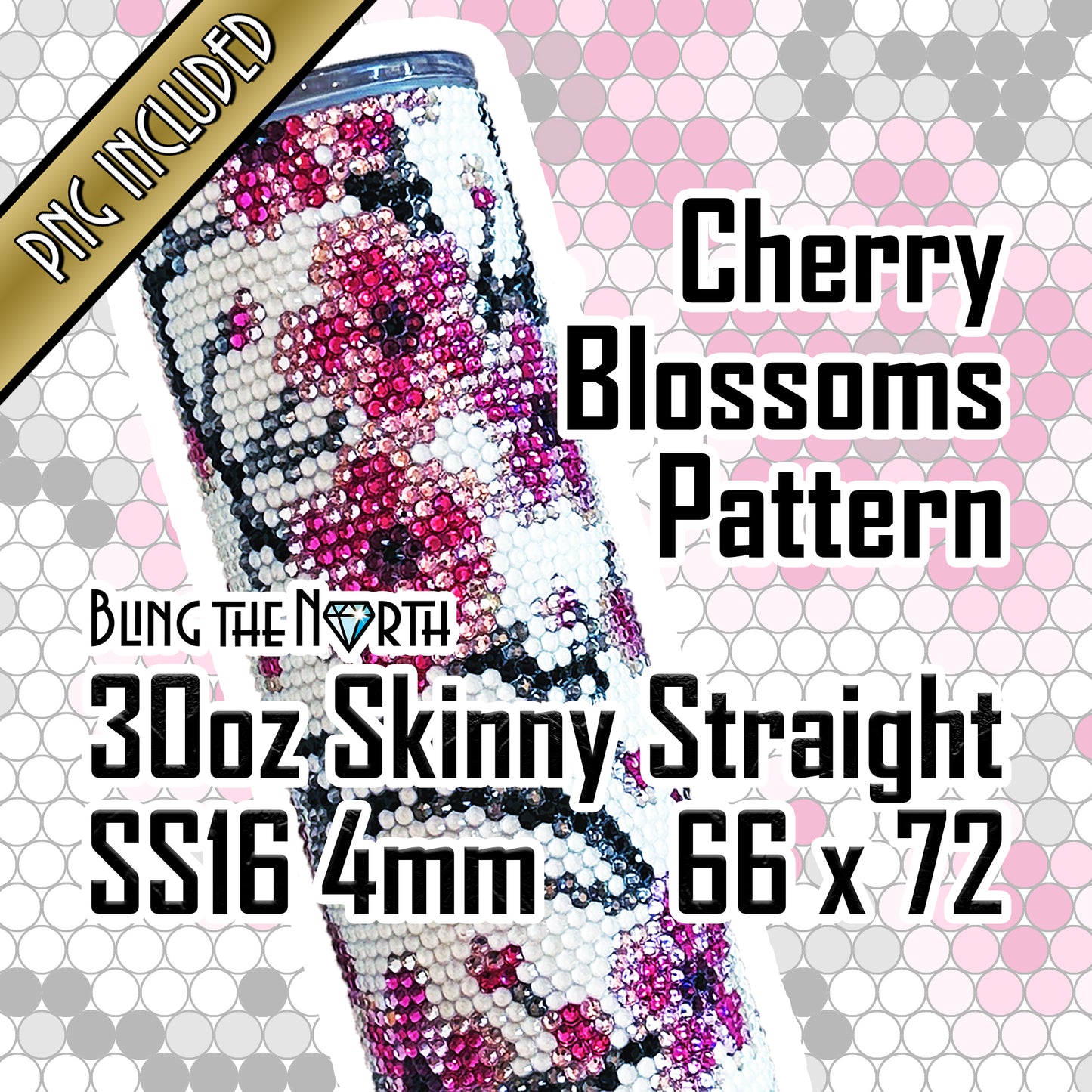 CHERRY BLOSSOMS Rhinestone Pattern Template | SS16 4mm - 30oz Skinny Straight Tumbler Design | PNG for Sublimation or Vinyl