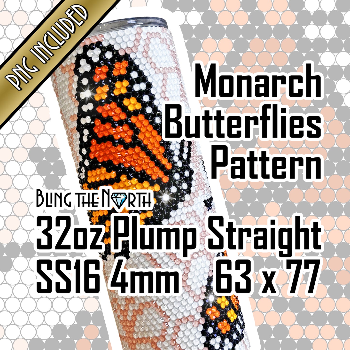 MONARCH BUTTERFLIES Rhinestone Pattern Template | SS16 4mm - 32oz Plump Straight Tumbler Design | PNG for Sublimation or Vinyl