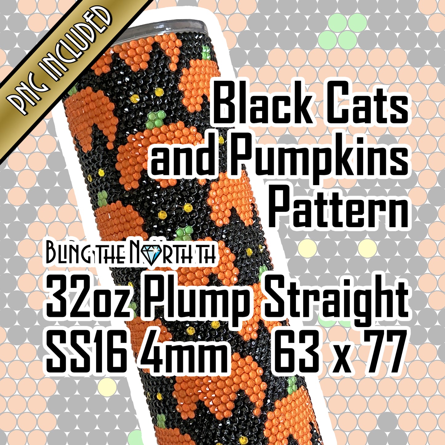 BLACK CATS and PUMPKINS Rhinestone Pattern Template | SS16 4mm - 32oz Plump Tumbler Design | Halloween | PNG for Sublimation or Vinyl