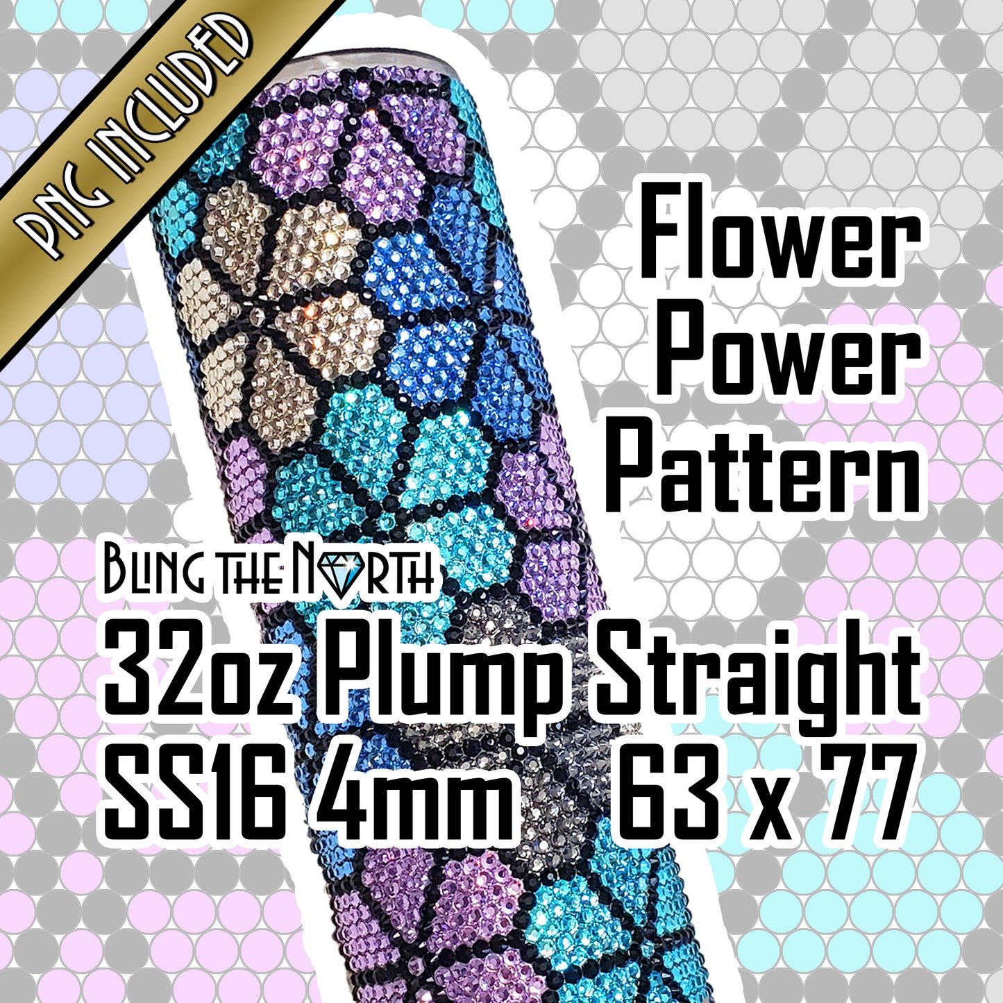 FLOWER POWER Rhinestone Pattern Template | SS16 4mm - 32oz Plump Tumbler Design | PNG for Sublimation or Vinyl