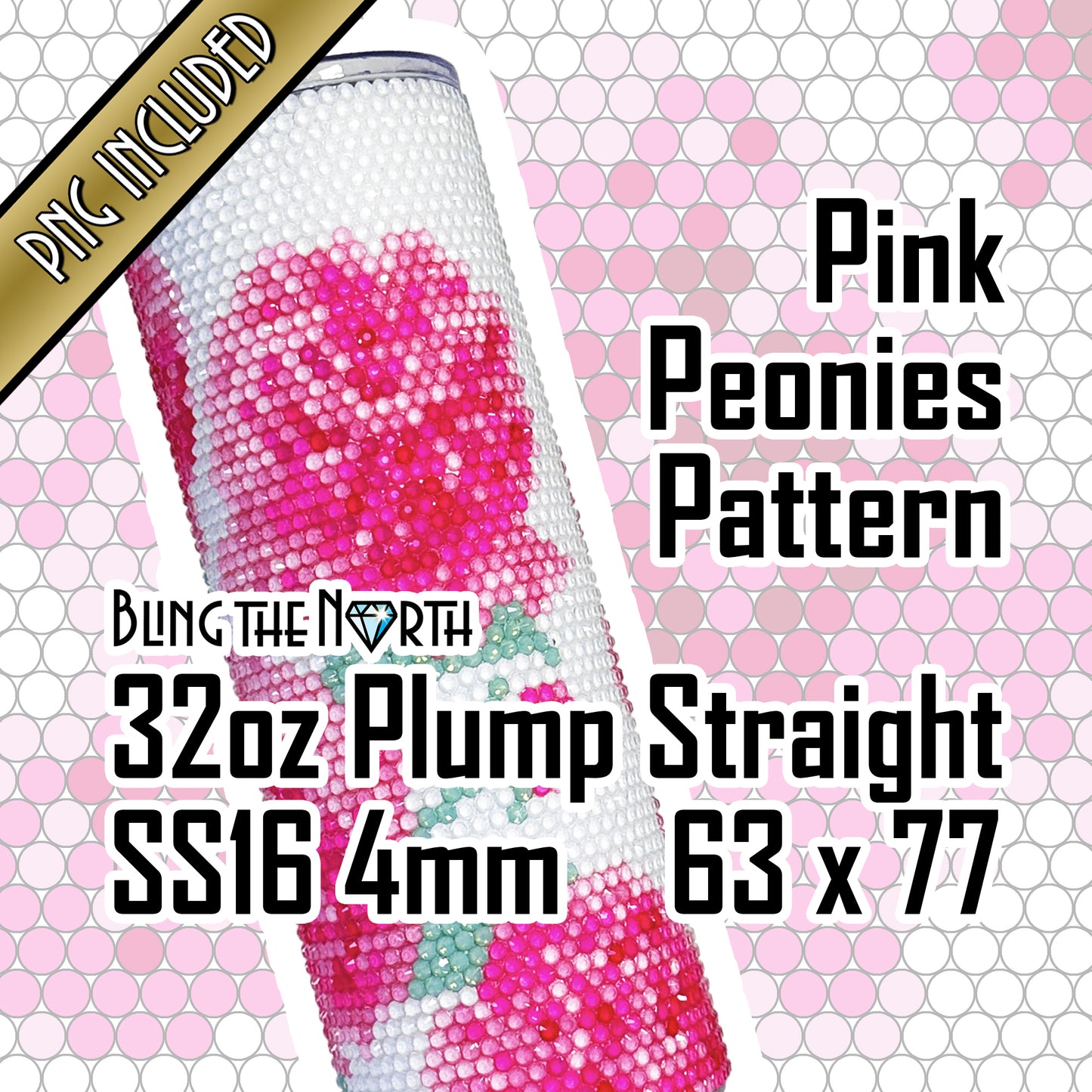 PINK PEONIES Rhinestone Pattern Template | SS16 4mm - 32oz Plump Straight Tumbler Design | PNG for Sublimation or Vinyl