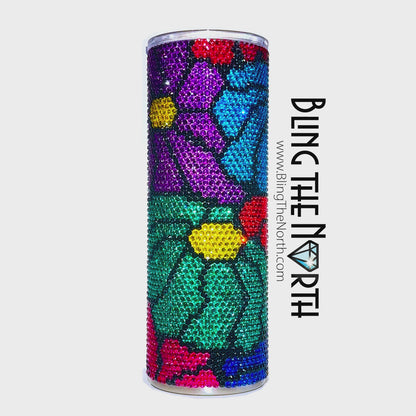 FUNKY FLOWERS Rhinestone Tumbler | 20oz Skinny Straight | Custom Bling Design | Glass Rhinestones | Straw Incl