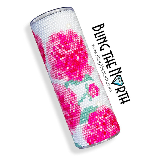 PINK PEONIES Rhinestone Tumbler | 20oz Skinny Straight | Custom Bling Design | Glass Rhinestones | Straw | Summer Flowers