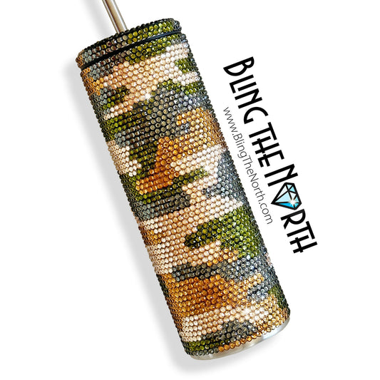 CAMOUFLAGE Rhinestone Tumbler | 20oz Slurp Straight | Bling the North | Custom Bling Design | Glass Rhinestones | Straw Included